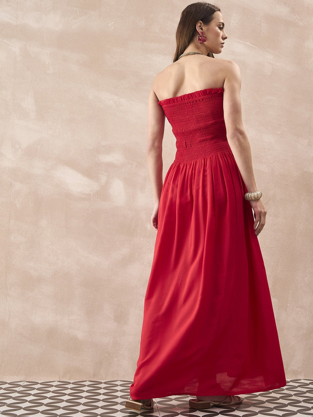 InWeave Red Solid Off Shoulder Dress | Grocsy