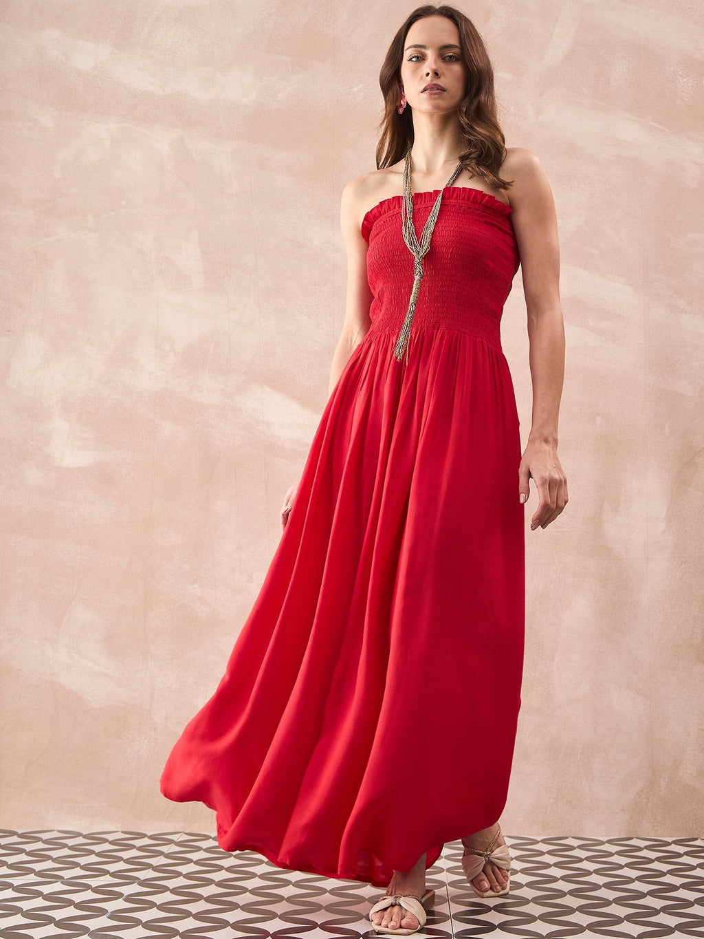 InWeave Red Solid Off Shoulder Dress | Grocsy