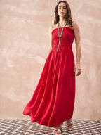 InWeave Red Solid Off Shoulder Dress | Grocsy