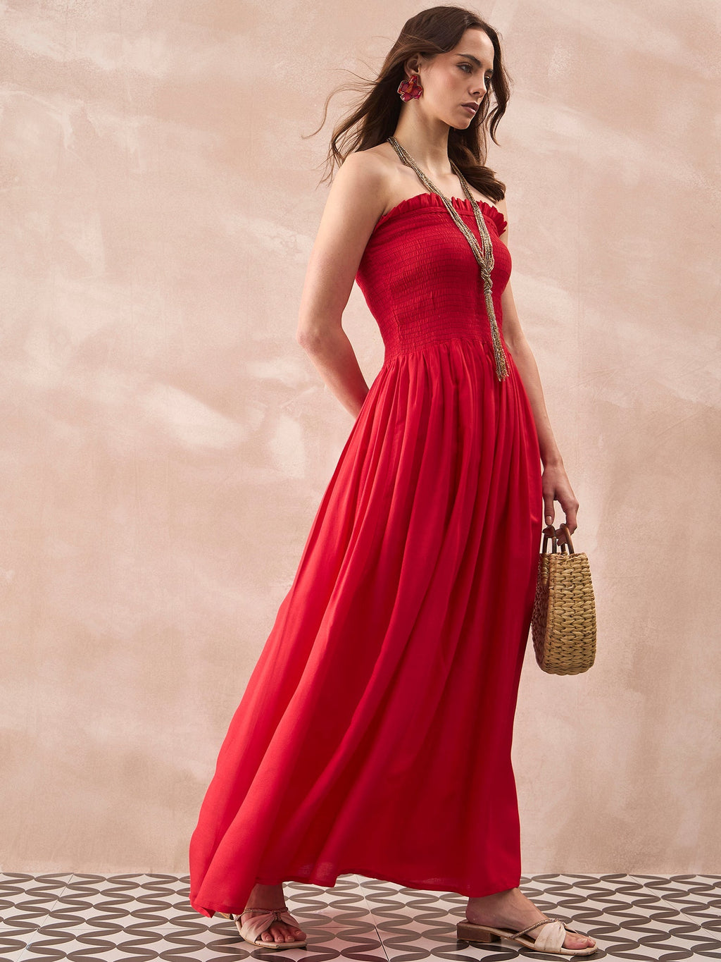 InWeave Red Solid Off Shoulder Dress | Grocsy
