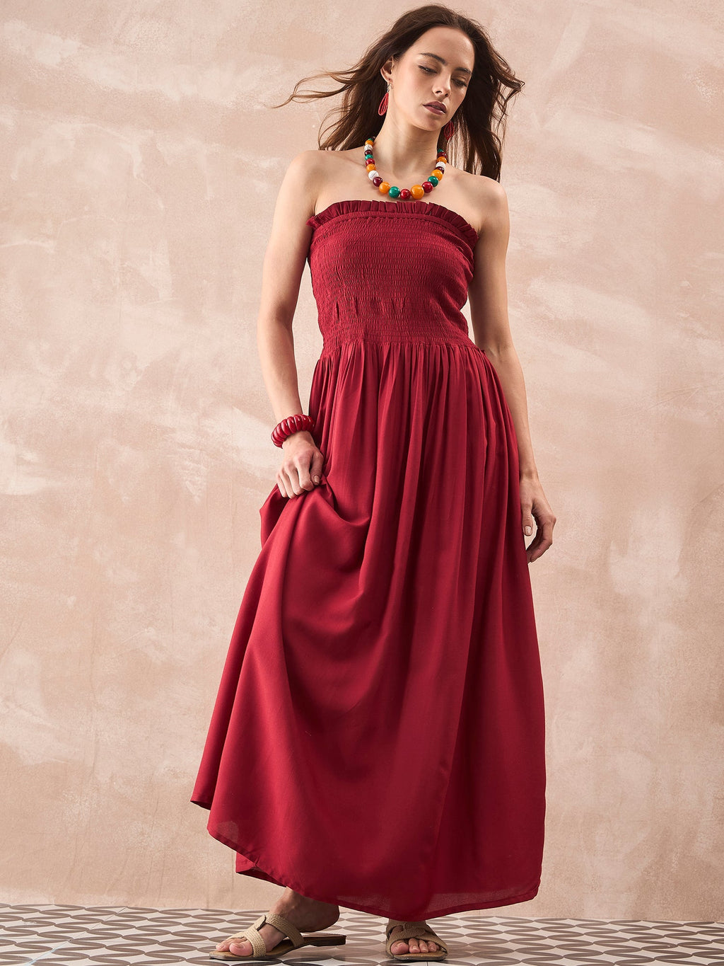 InWeave Maroon Solid Off Shoulder Dress | Grocsy