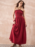 InWeave Maroon Solid Off Shoulder Dress | Grocsy