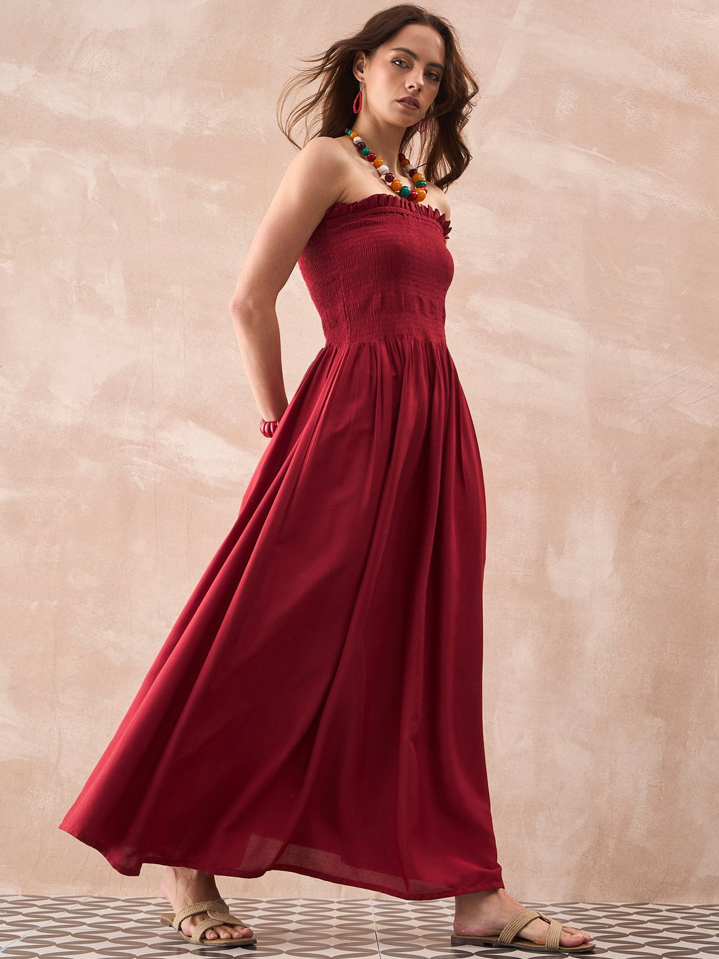 InWeave Maroon Solid Off Shoulder Dress | Grocsy