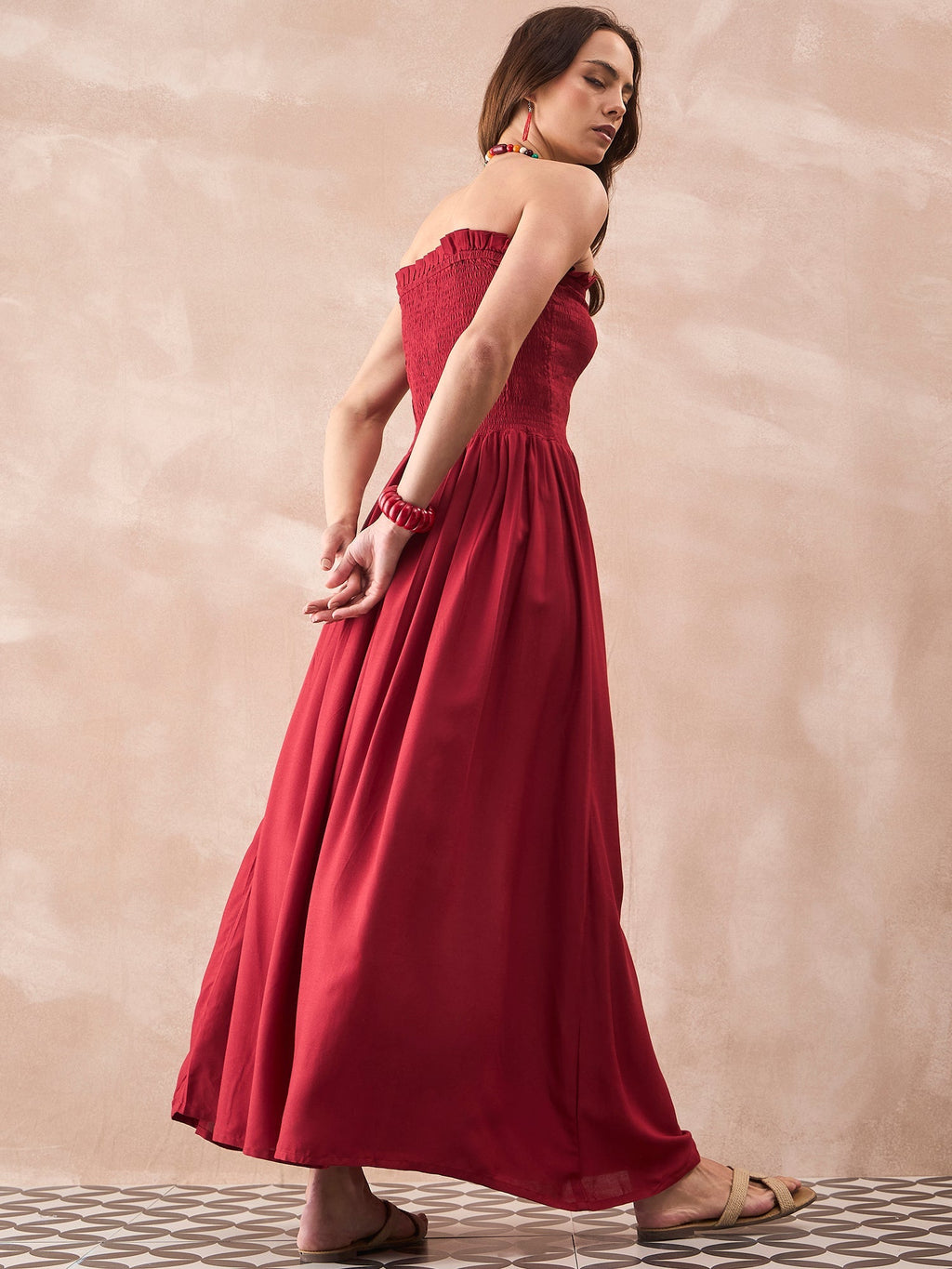InWeave Maroon Solid Off Shoulder Dress | Grocsy