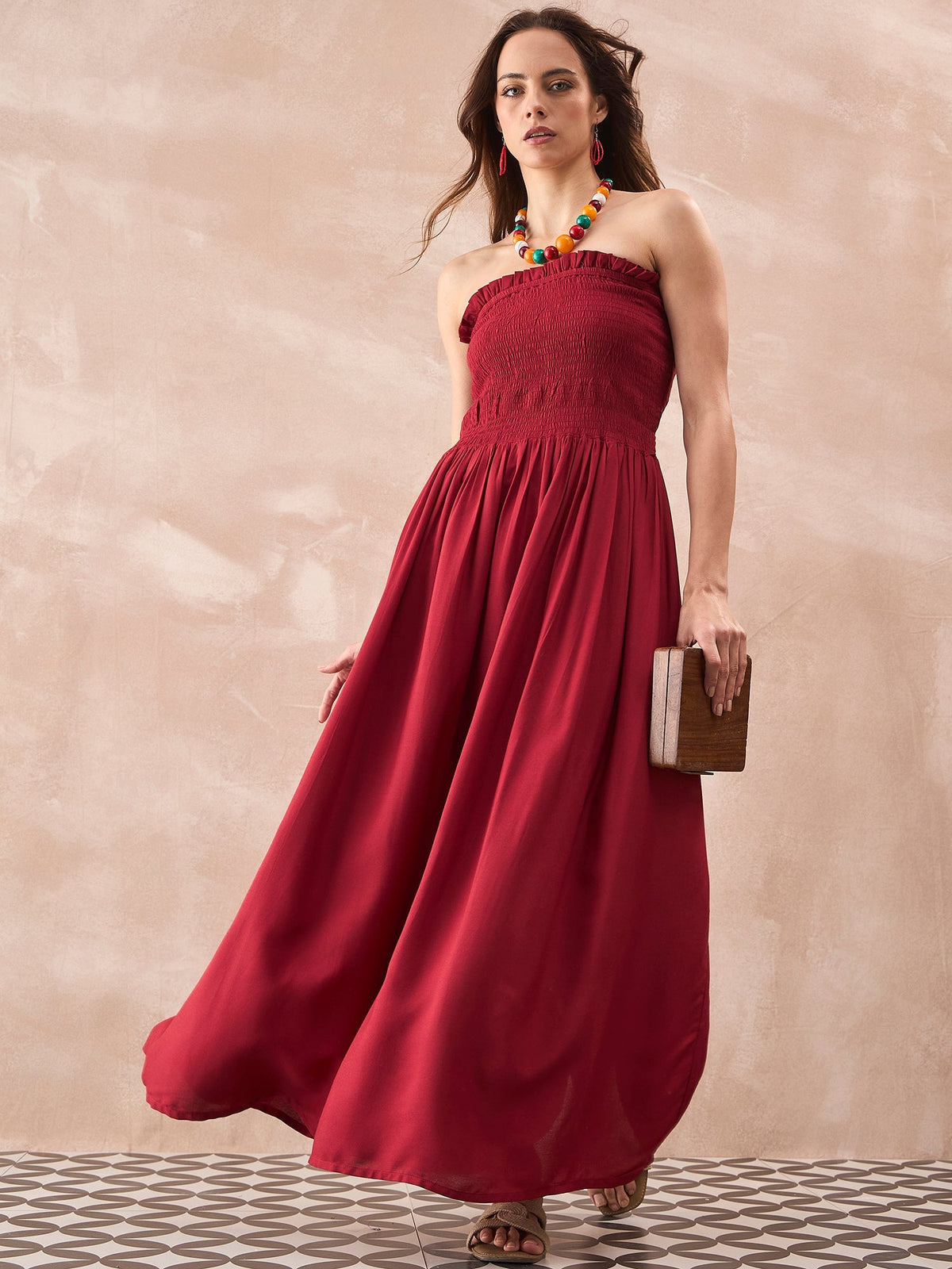 InWeave Maroon Solid Off Shoulder Dress | Grocsy