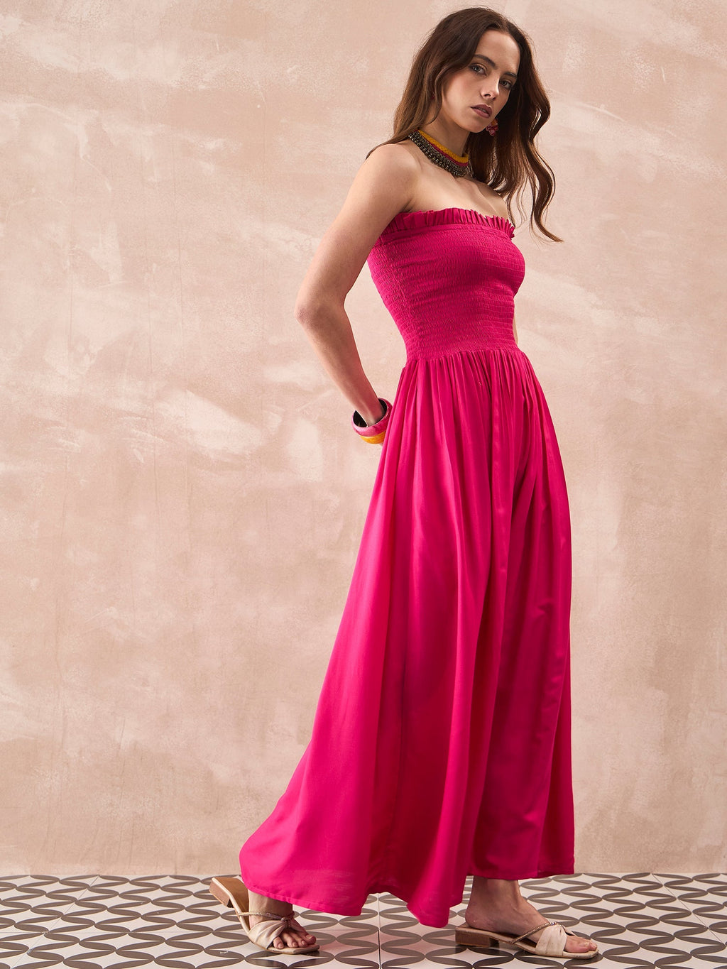 InWeave Fuchsia Solid Off Shoulder Dress | Grocsy