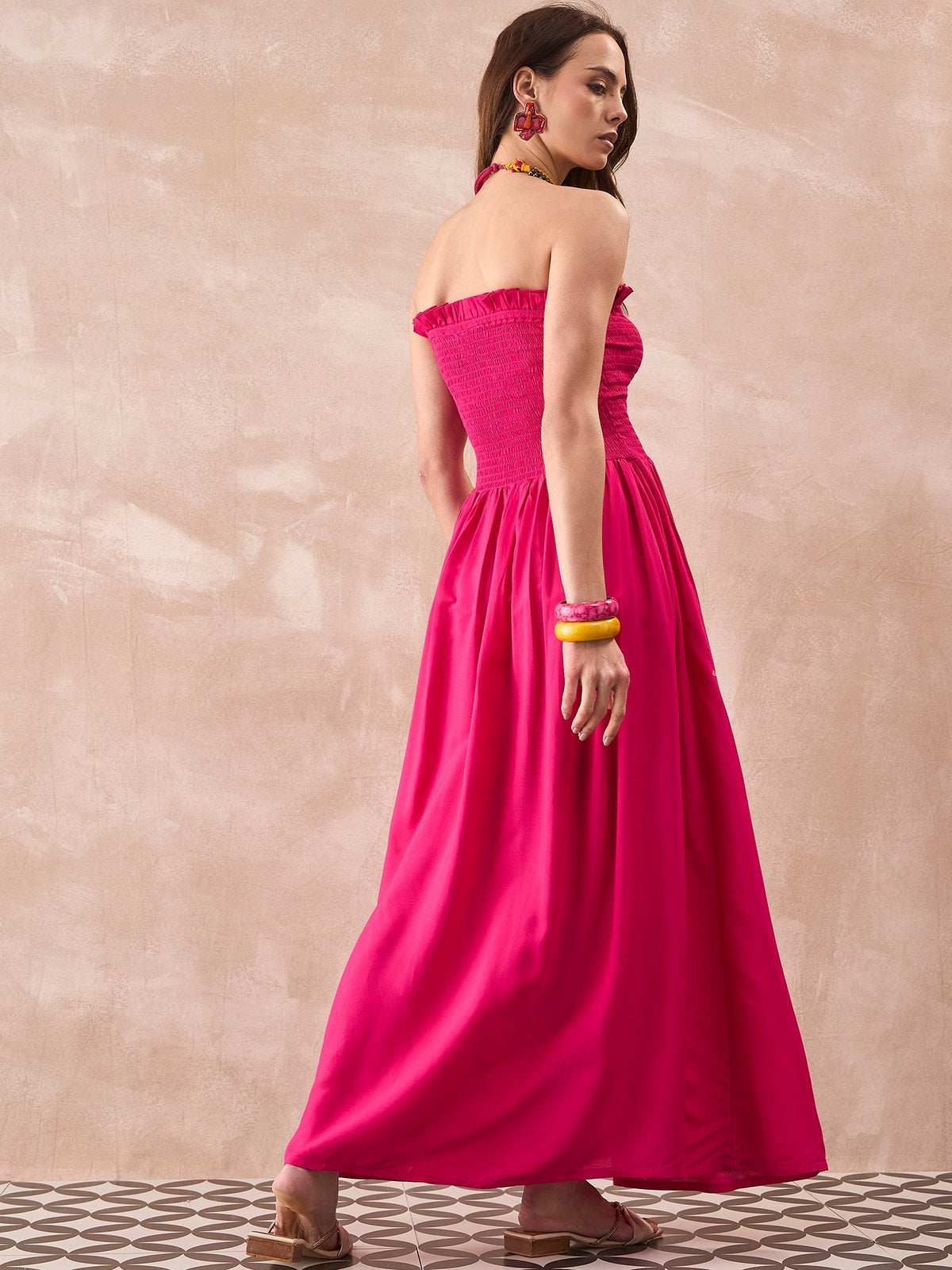 InWeave Fuchsia Solid Off Shoulder Dress | Grocsy