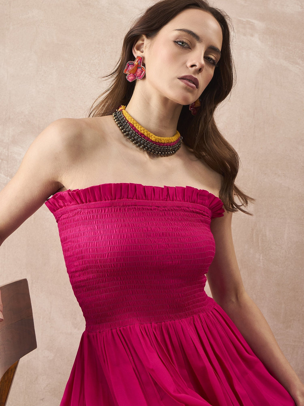 InWeave Fuchsia Solid Off Shoulder Dress | Grocsy