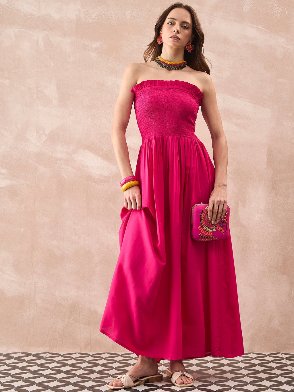 InWeave Fuchsia Solid Off Shoulder Dress | Grocsy