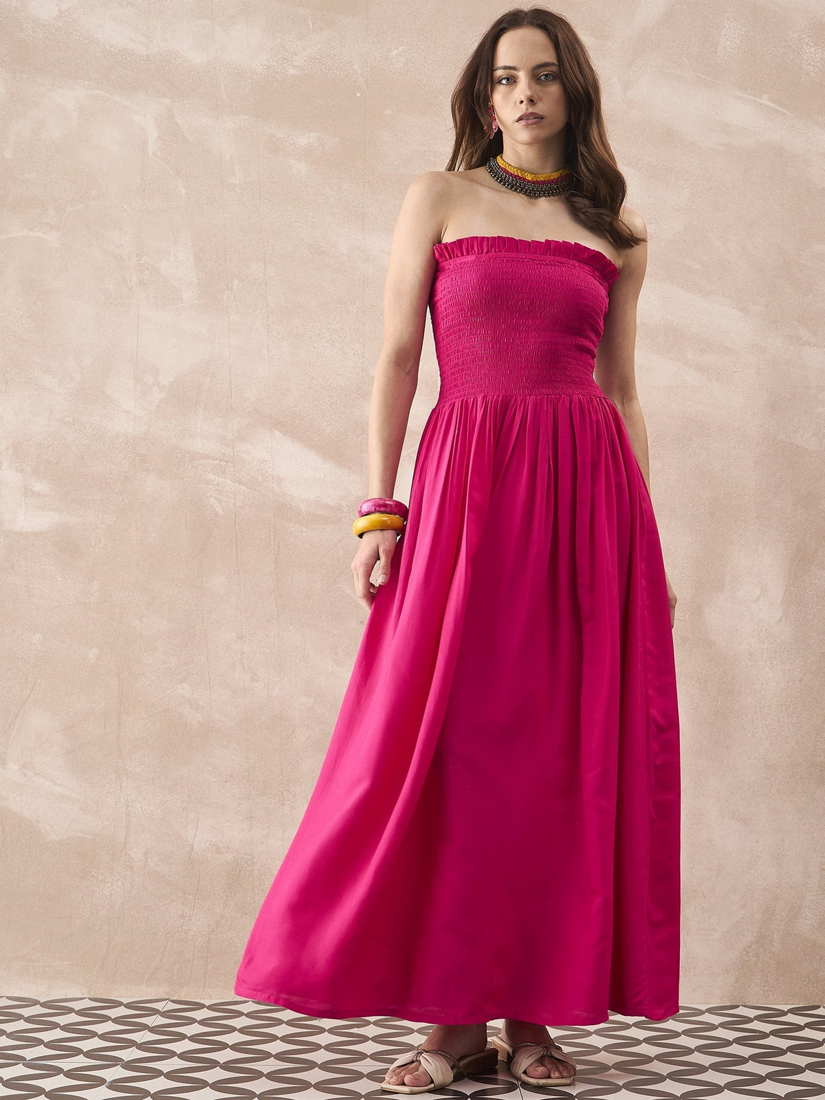 InWeave Fuchsia Solid Off Shoulder Dress | Grocsy