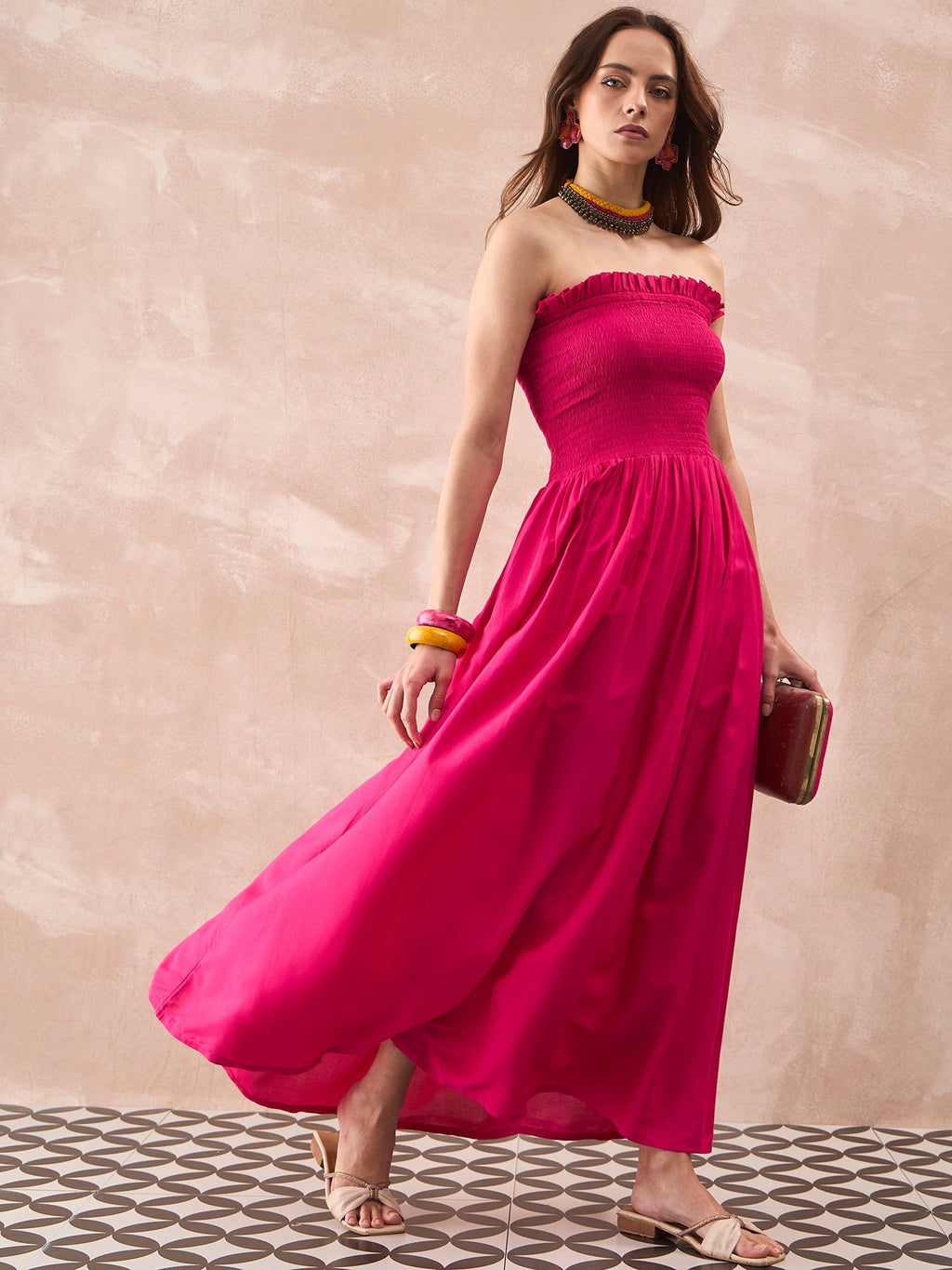InWeave Fuchsia Solid Off Shoulder Dress | Grocsy