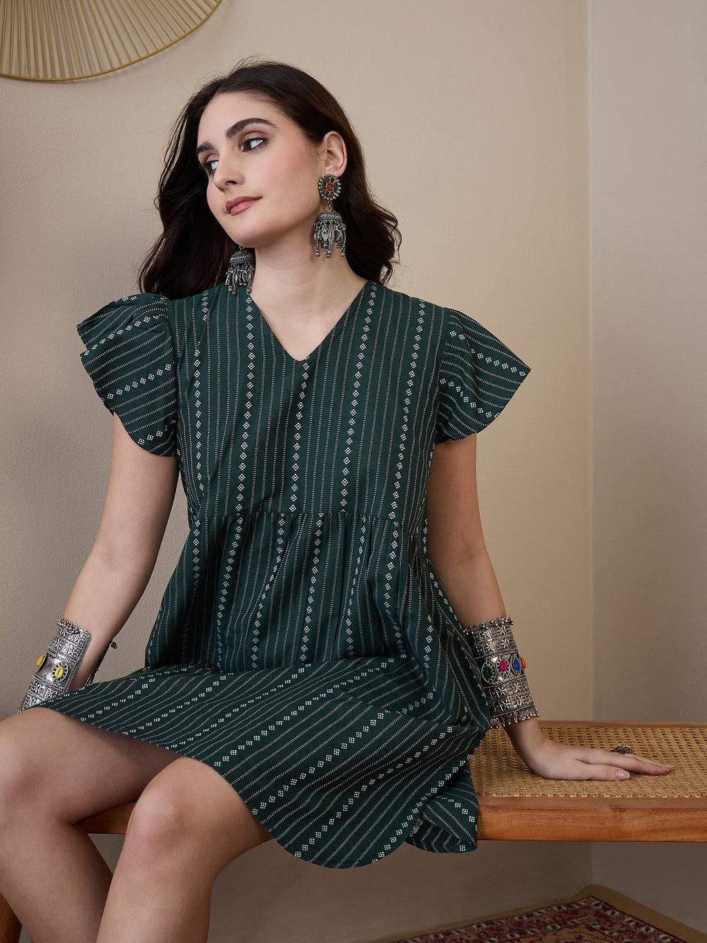 InWeave Green Stripe Kantha V Neck Short Dress | Grocsy