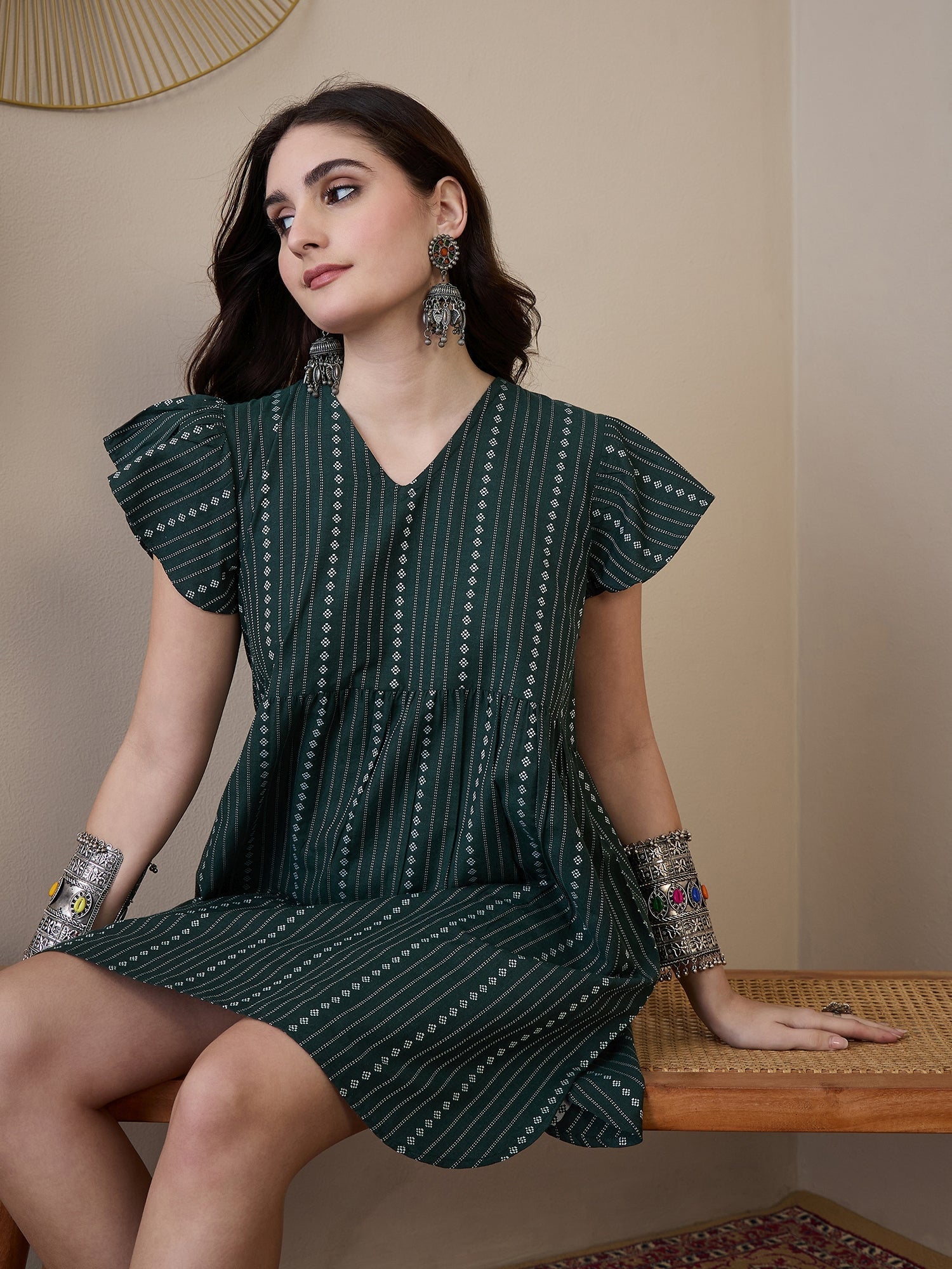 InWeave Green Stripe Kantha V Neck Short Dress | Grocsy