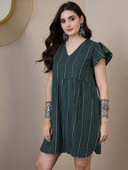 InWeave Green Stripe Kantha V Neck Short Dress | Grocsy