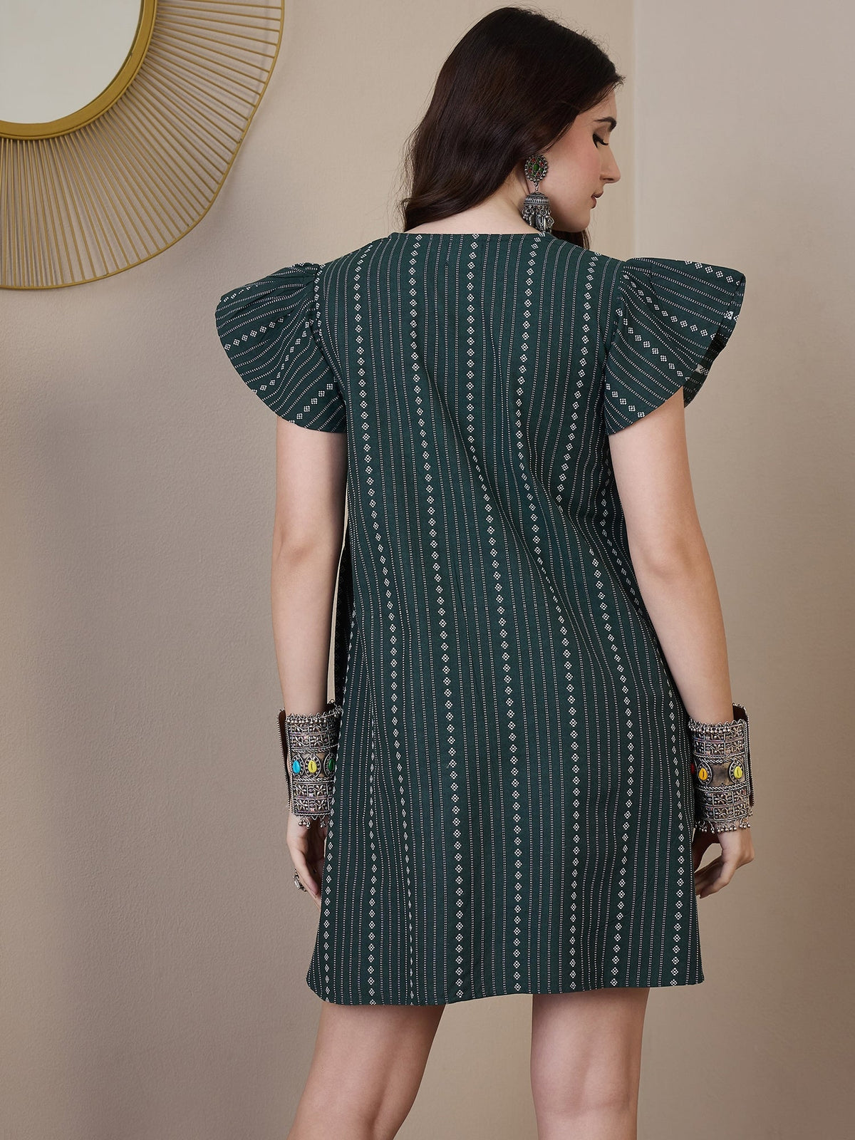 InWeave Green Stripe Kantha V Neck Short Dress | Grocsy