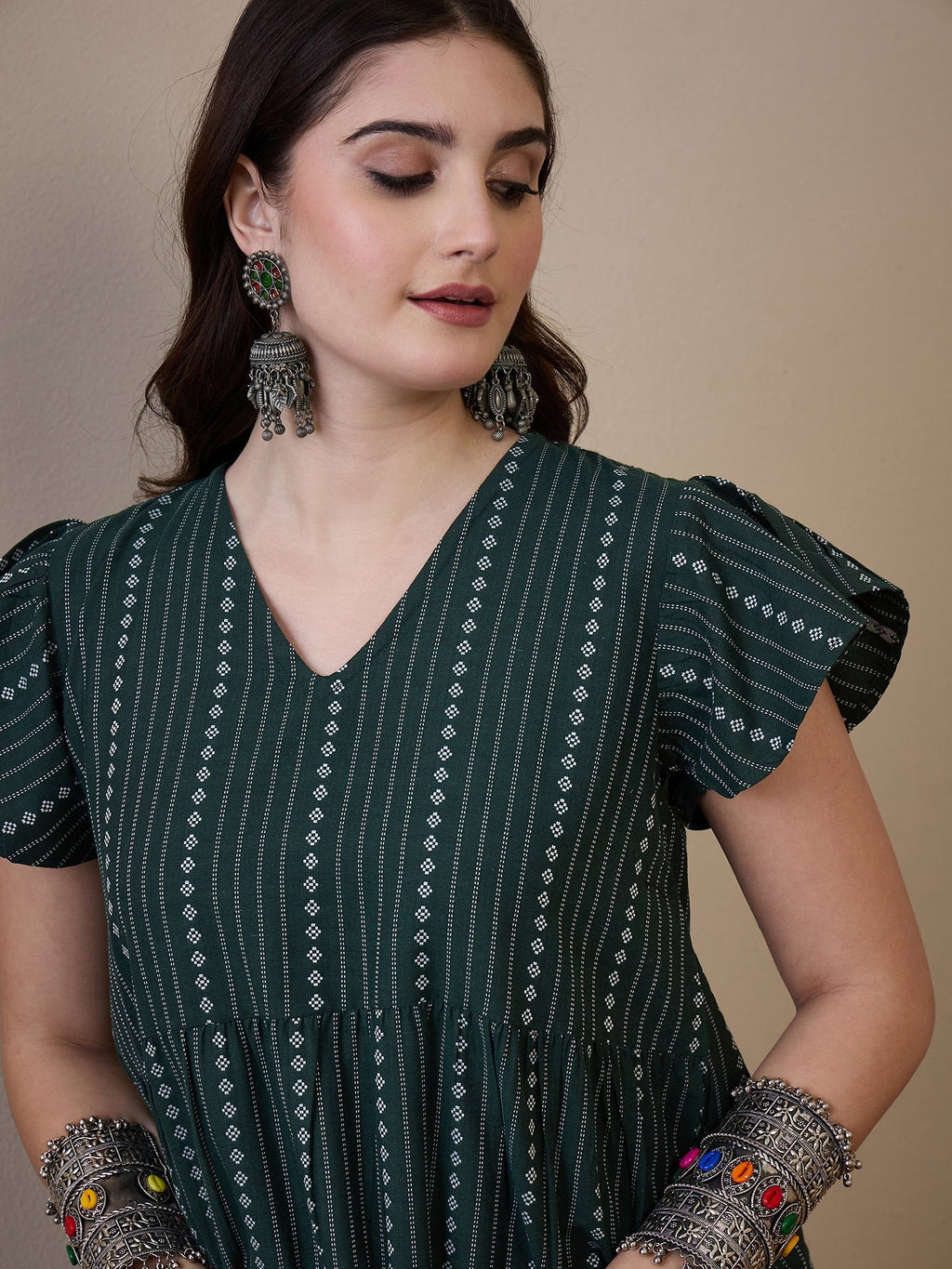 InWeave Green Stripe Kantha V Neck Short Dress | Grocsy