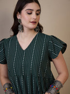 InWeave Green Stripe Kantha V Neck Short Dress | Grocsy