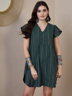 InWeave Green Stripe Kantha V Neck Short Dress | Grocsy