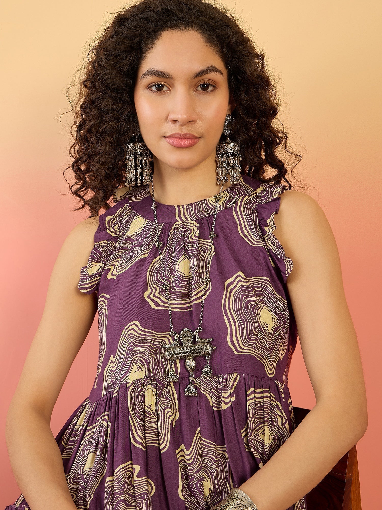 InWeave Matte Purple Beige Swril Short Dress | Grocsy