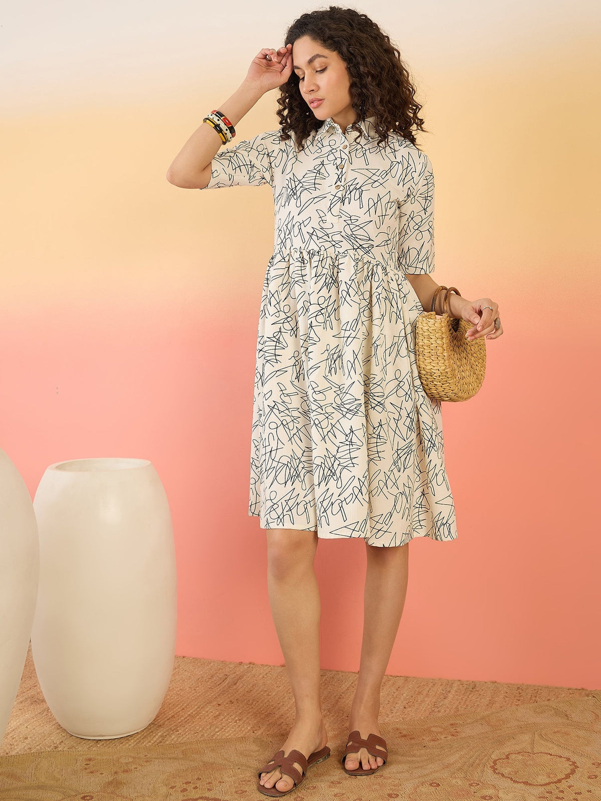 InWeave White Black Rubber Collar Dress | Grocsy