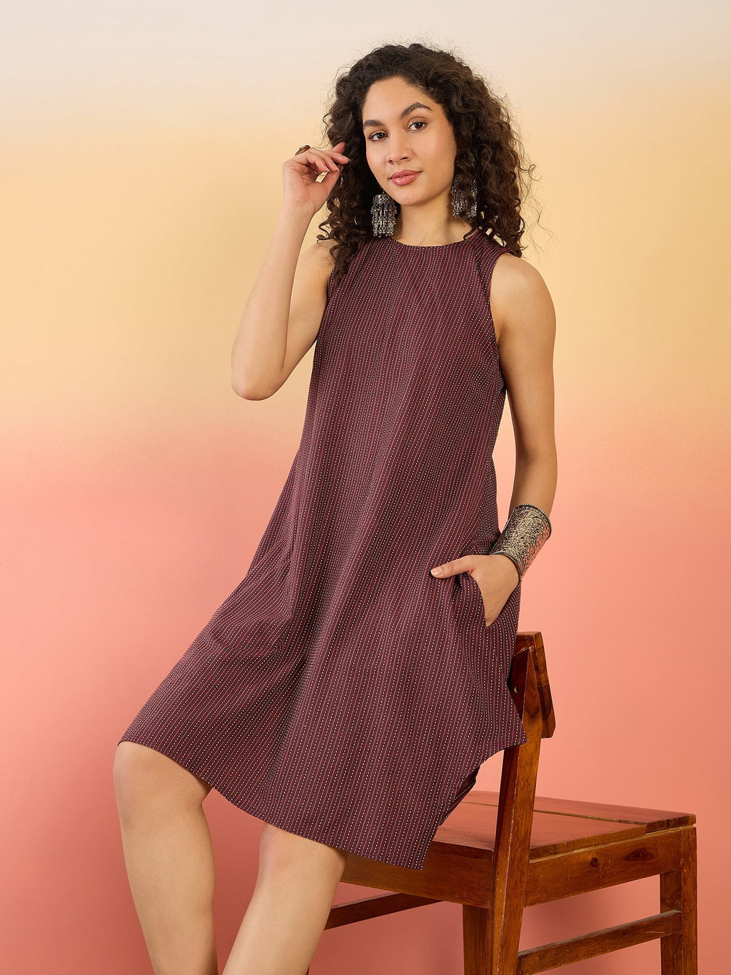 InWeave Wine Kantha R Neck W/S Dress | Grocsy