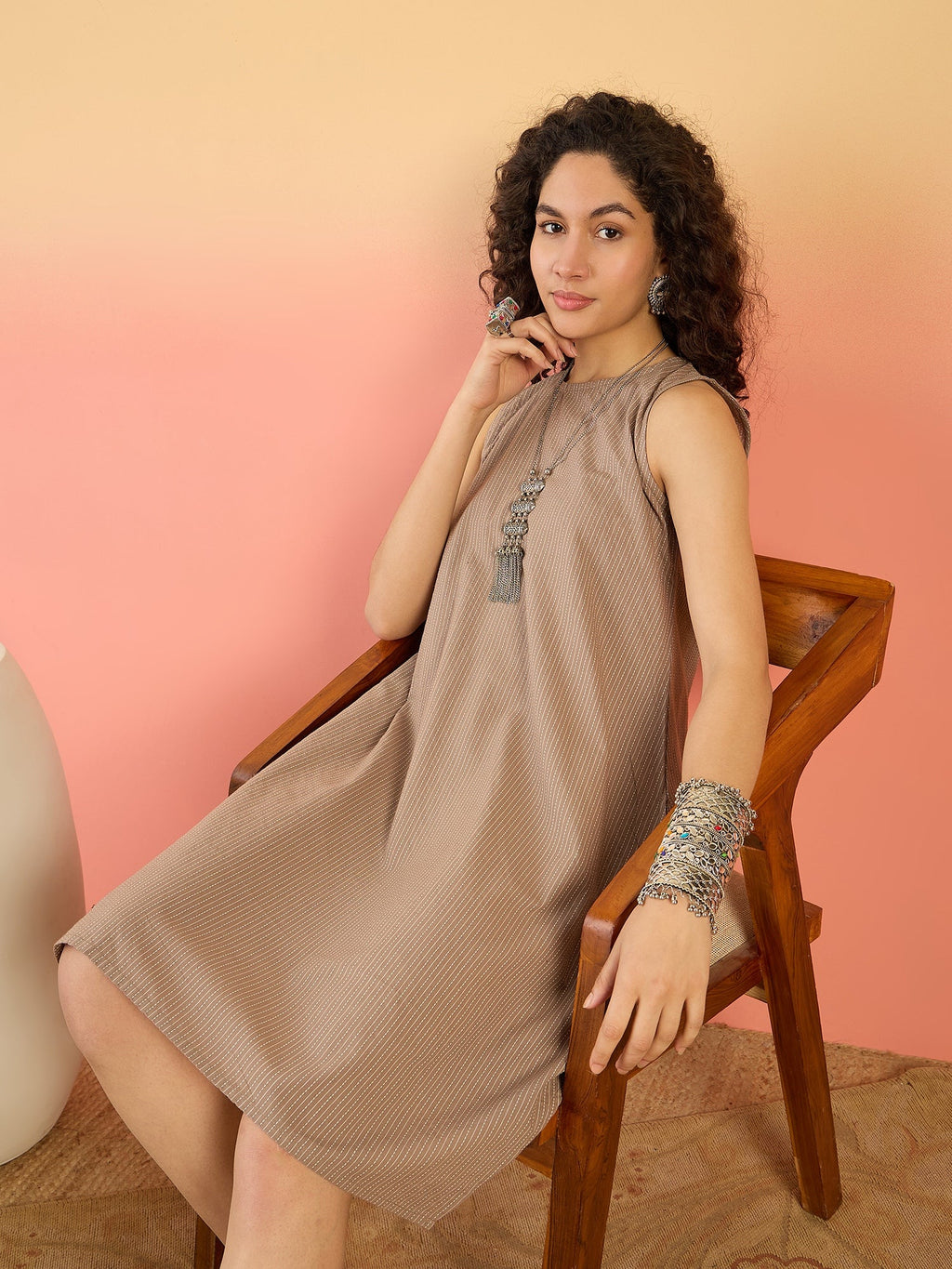 InWeave Light Brown Kantha R Neck W/S Dress | Grocsy