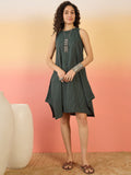 InWeave Dark Green Kantha R Neck W/S Dress | Grocsy