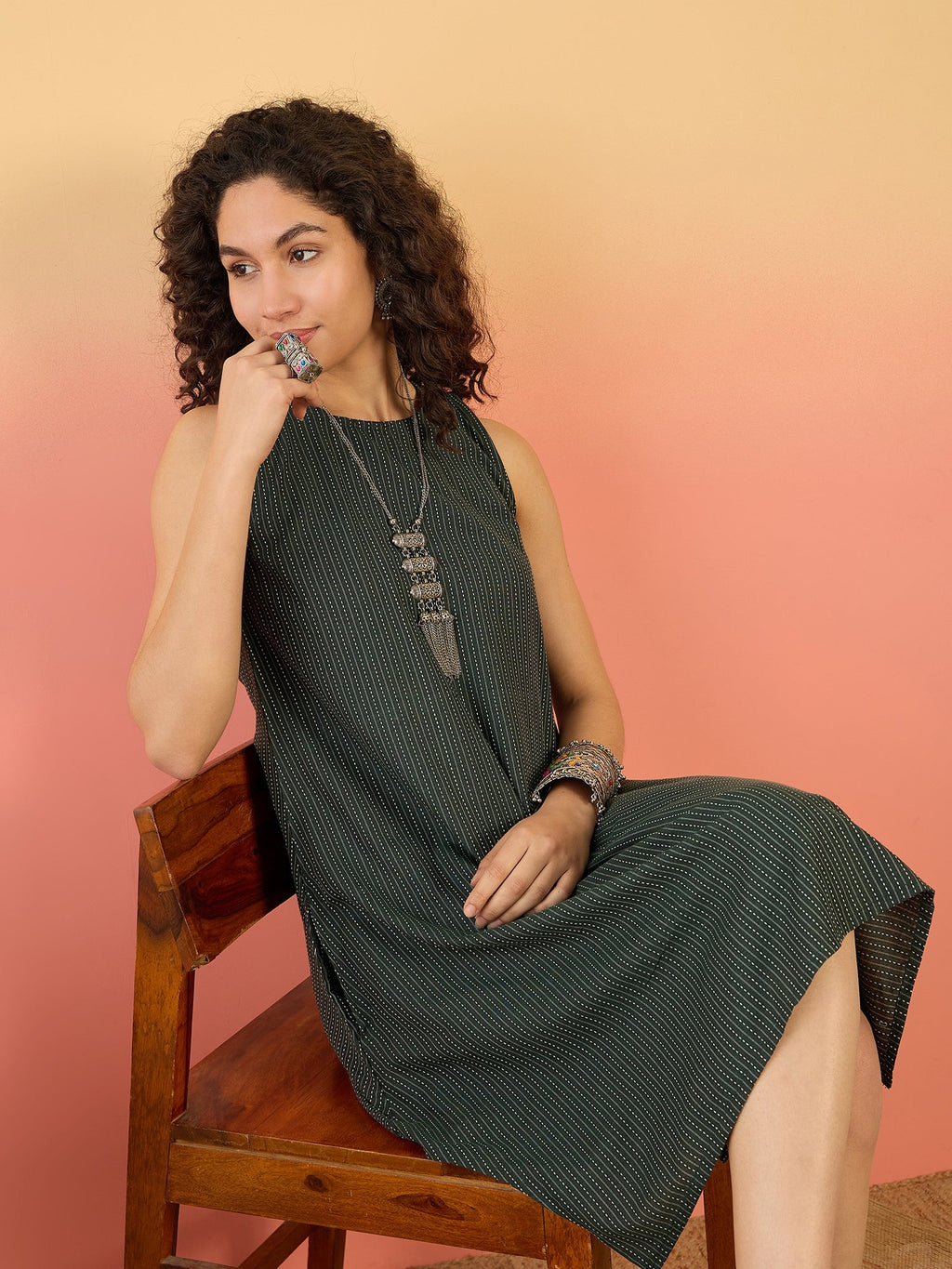 InWeave Dark Green Kantha R Neck W/S Dress | Grocsy