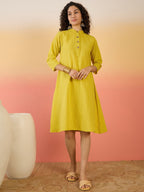 InWeave Yellow Kantha Mandarin Button Dress | Grocsy