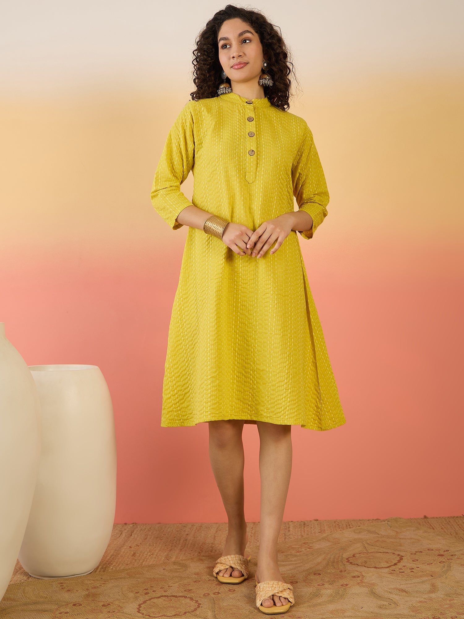 InWeave Yellow Kantha Mandarin Button Dress | Grocsy