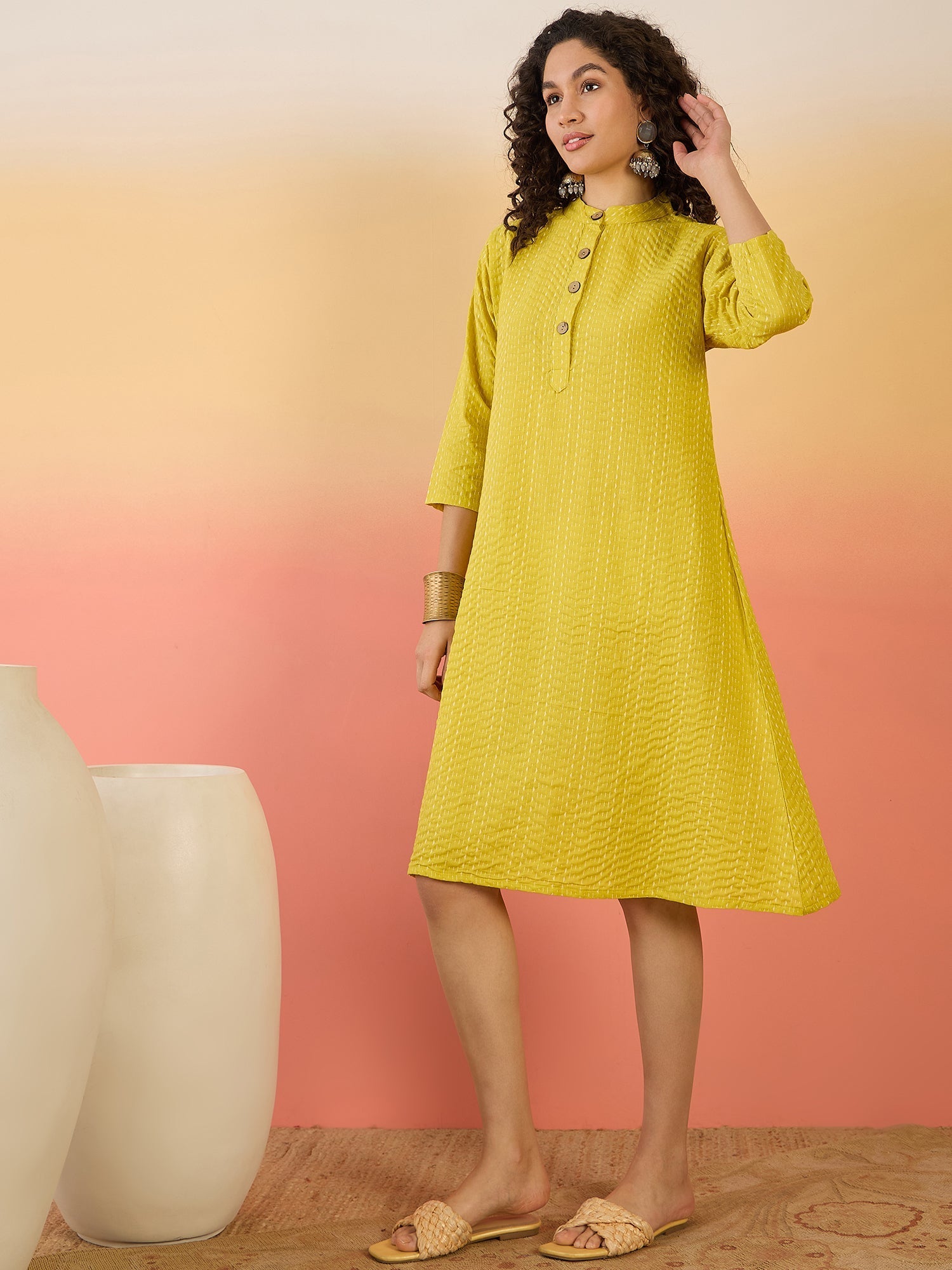 InWeave Yellow Kantha Mandarin Button Dress | Grocsy