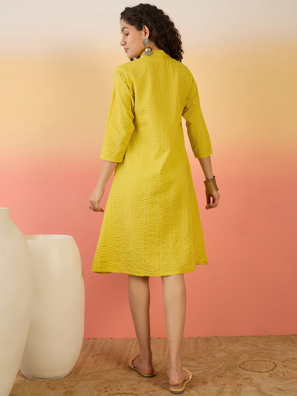 InWeave Yellow Kantha Mandarin Button Dress | Grocsy