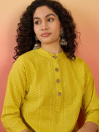 InWeave Yellow Kantha Mandarin Button Dress | Grocsy