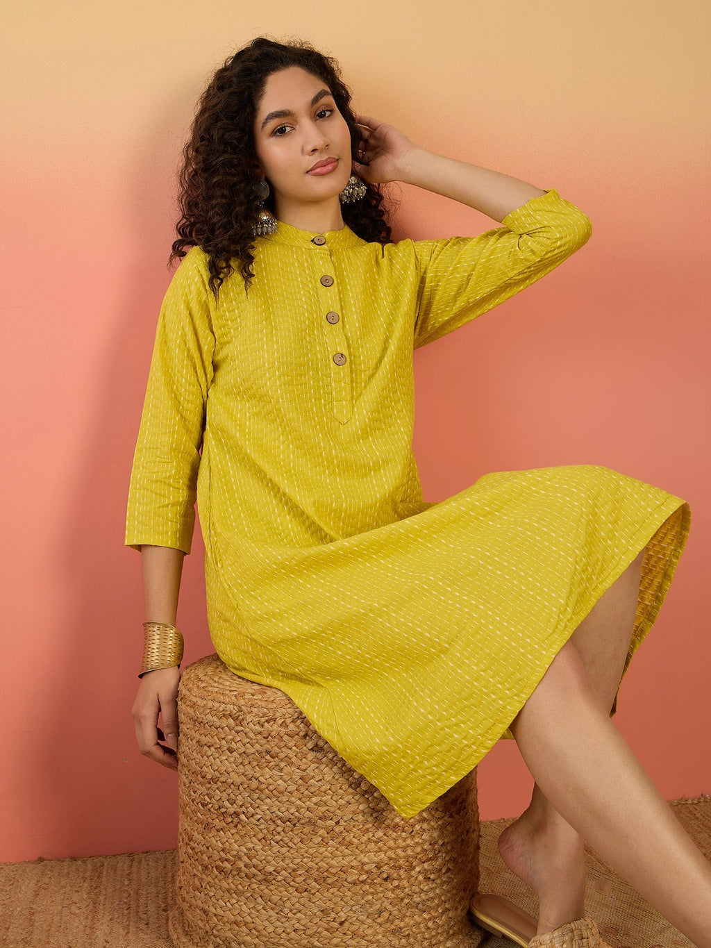 InWeave Yellow Kantha Mandarin Button Dress | Grocsy