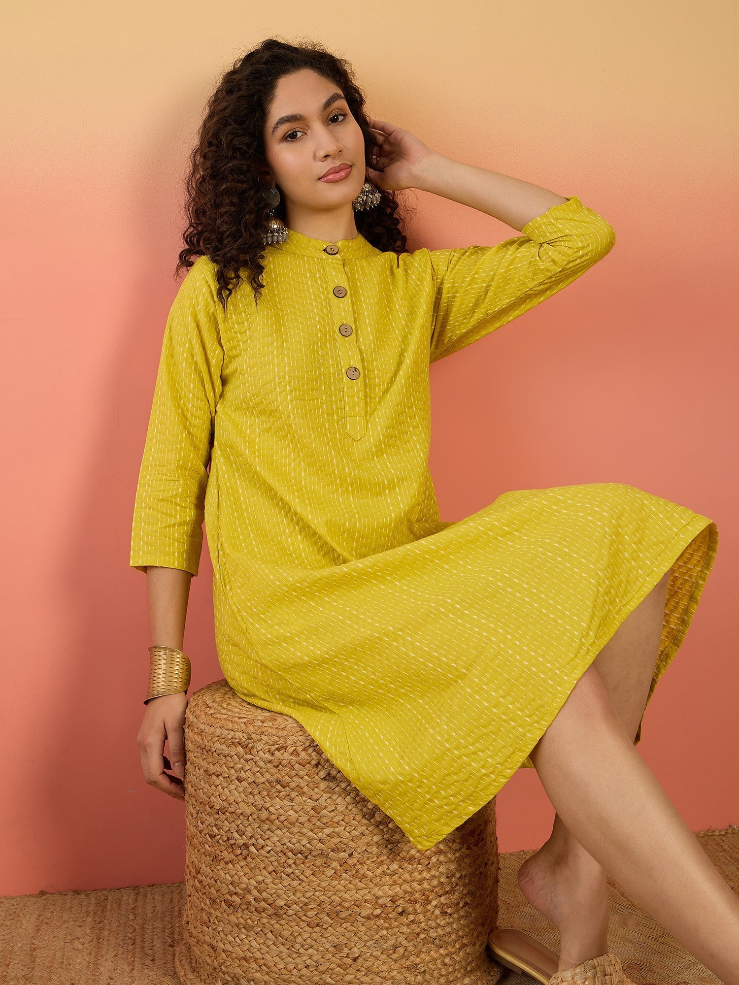InWeave Yellow Kantha Mandarin Button Dress | Grocsy