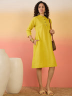 InWeave Yellow Kantha Mandarin Button Dress | Grocsy