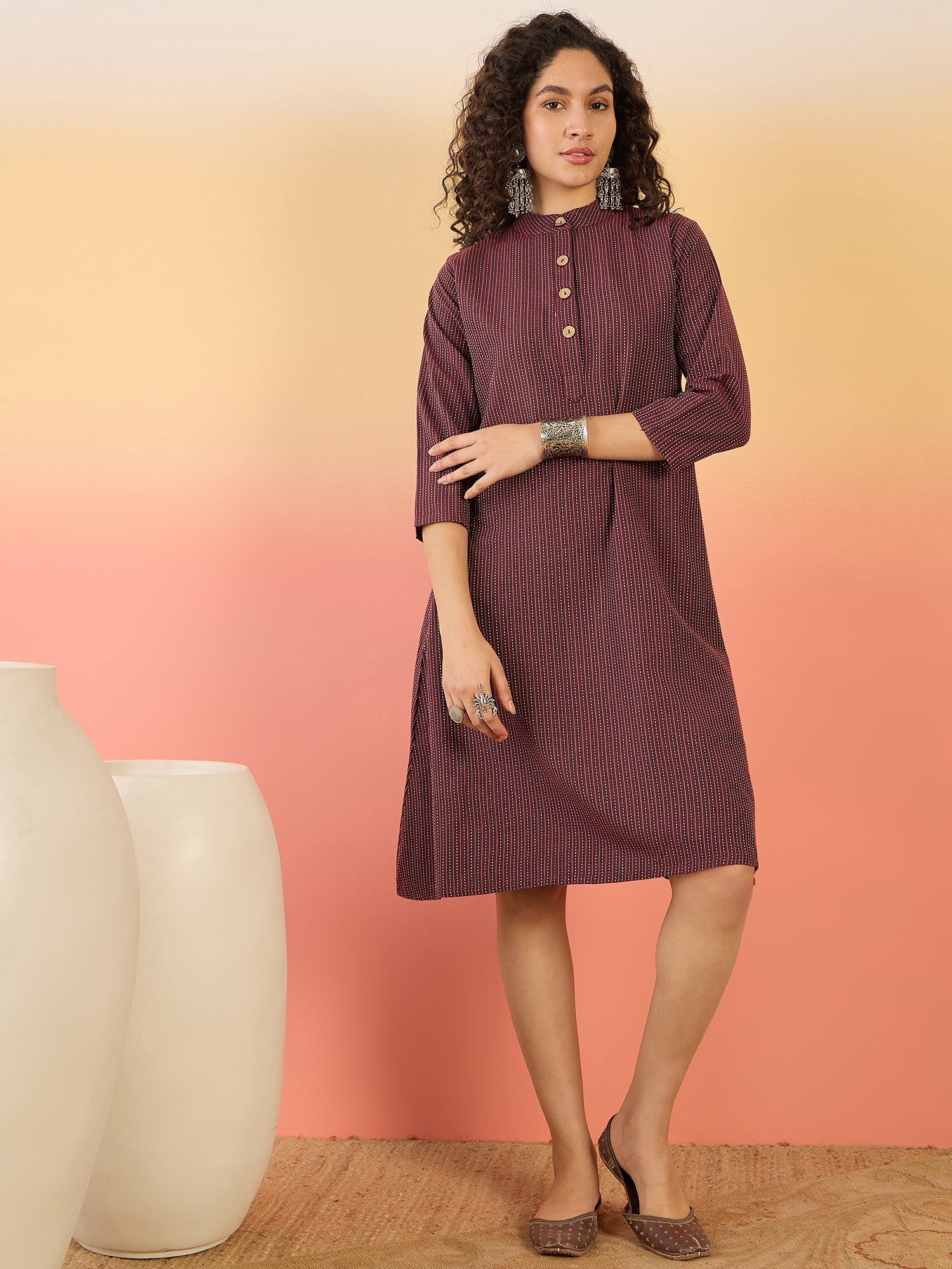 InWeave Wine Kantha Mandarin Button Dress | Grocsy