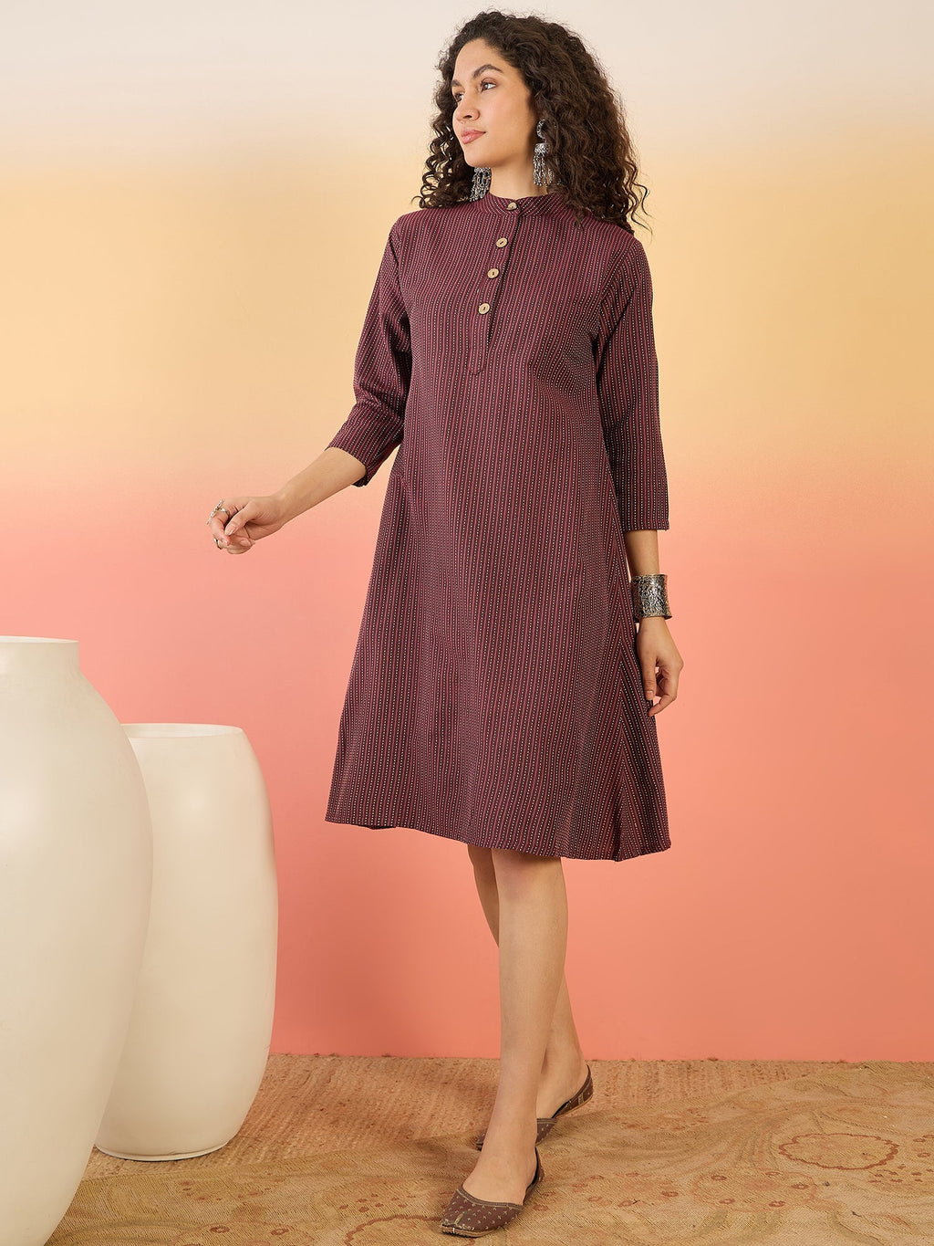 InWeave Wine Kantha Mandarin Button Dress | Grocsy