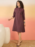 InWeave Wine Kantha Mandarin Button Dress | Grocsy