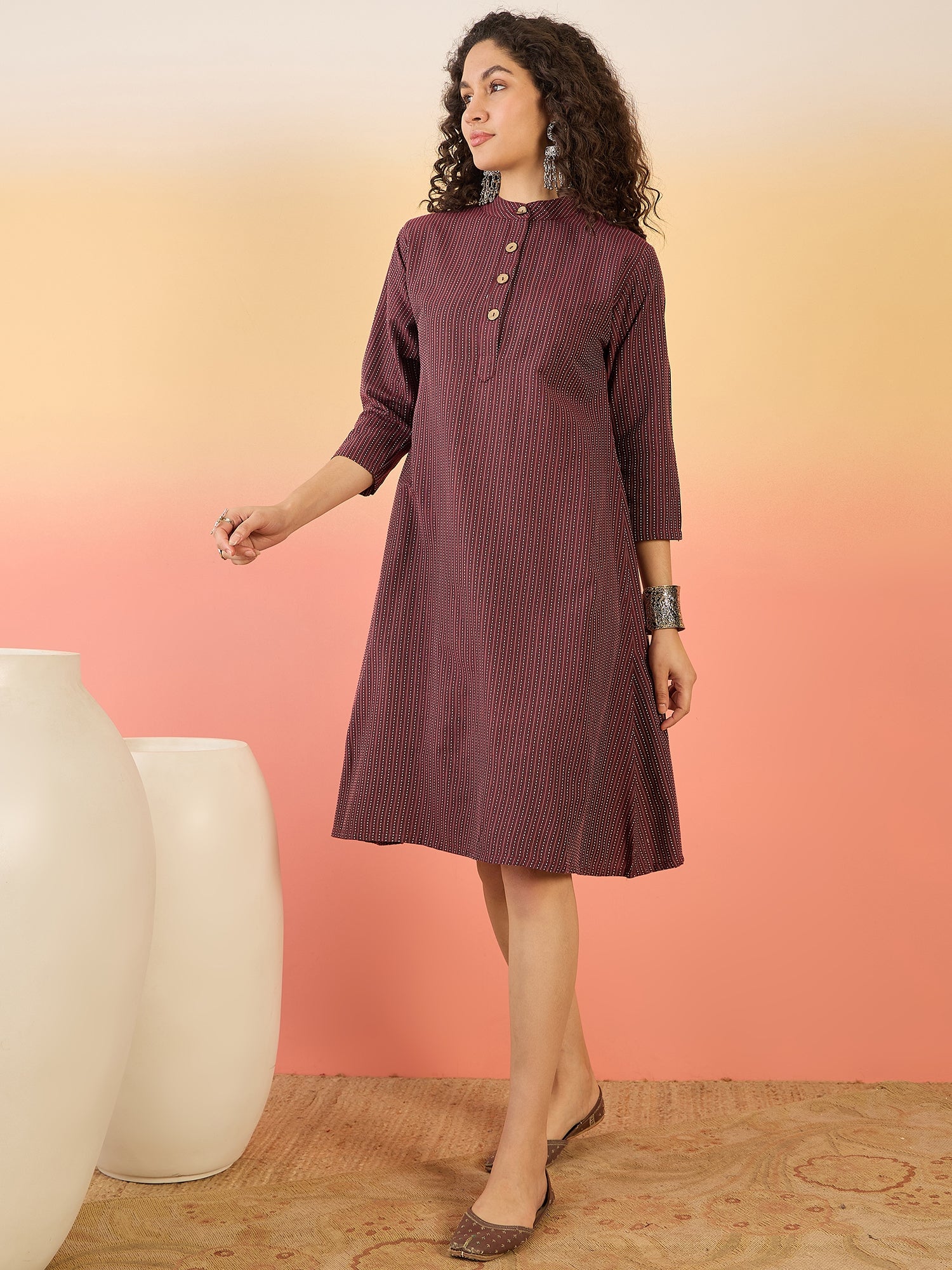 InWeave Wine Kantha Mandarin Button Dress | Grocsy