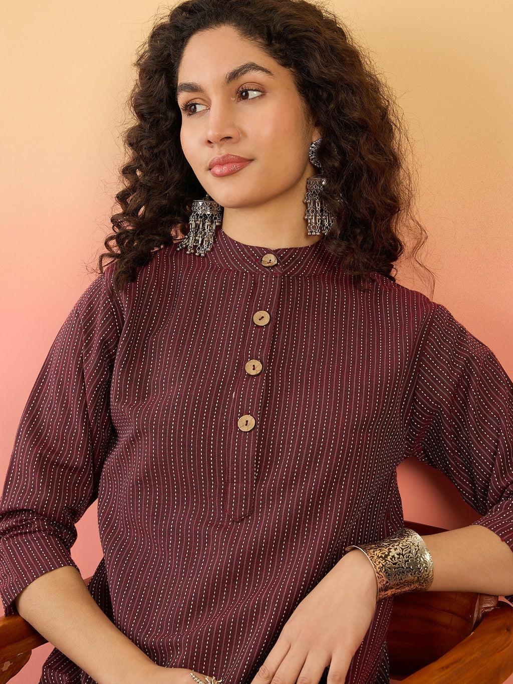 InWeave Wine Kantha Mandarin Button Dress | Grocsy
