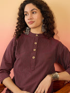 InWeave Wine Kantha Mandarin Button Dress | Grocsy