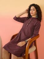 InWeave Wine Kantha Mandarin Button Dress | Grocsy
