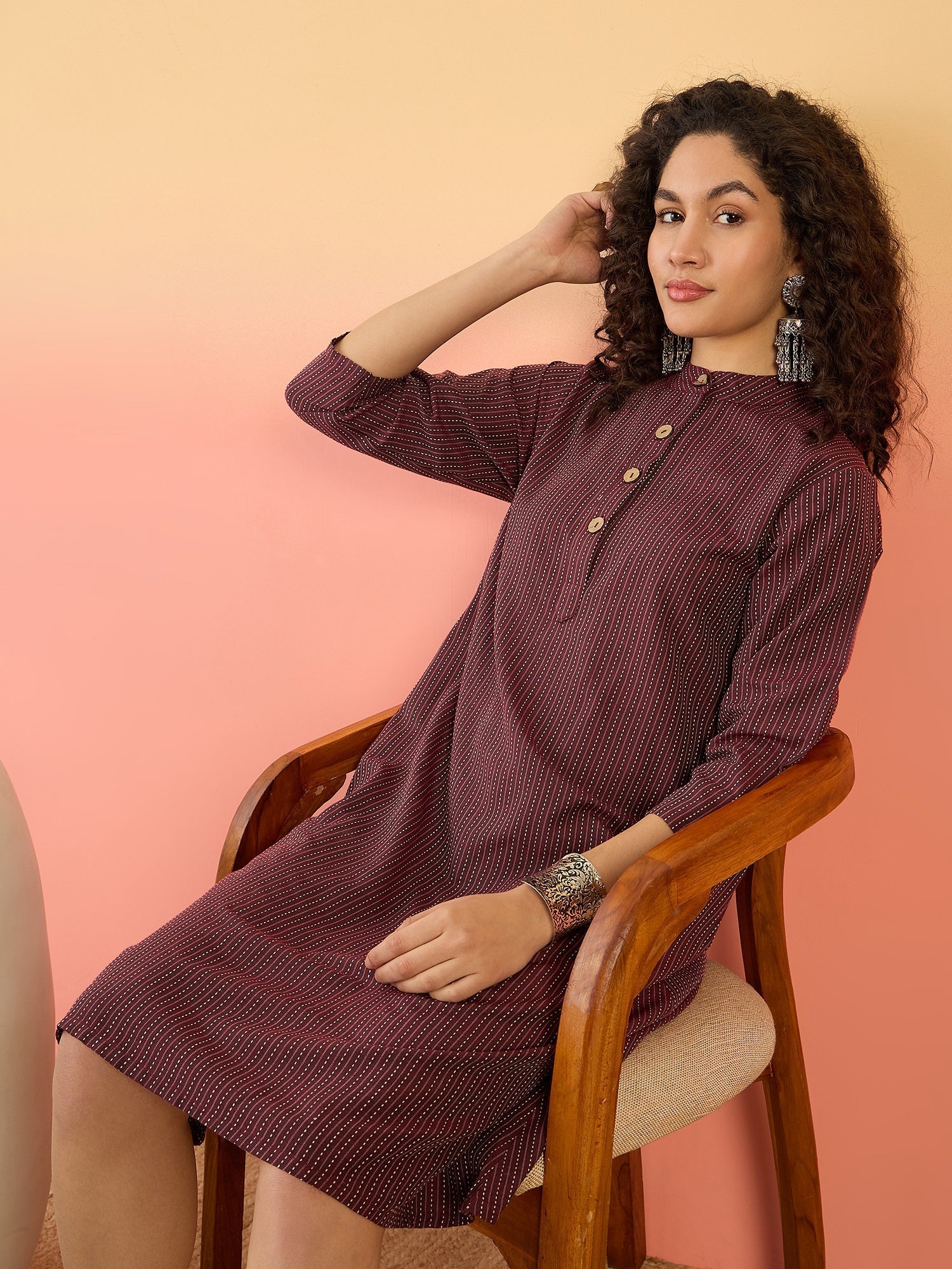 InWeave Wine Kantha Mandarin Button Dress | Grocsy