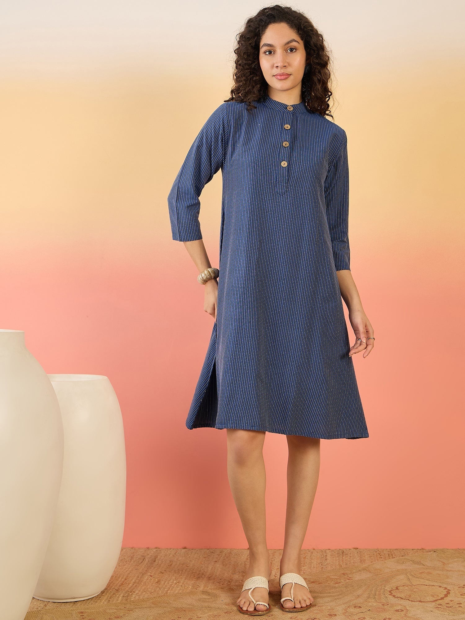 InWeave Blue Kantha Mandarin Button Dress | Grocsy