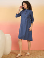 InWeave Blue Kantha Mandarin Button Dress | Grocsy