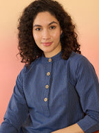 InWeave Blue Kantha Mandarin Button Dress | Grocsy