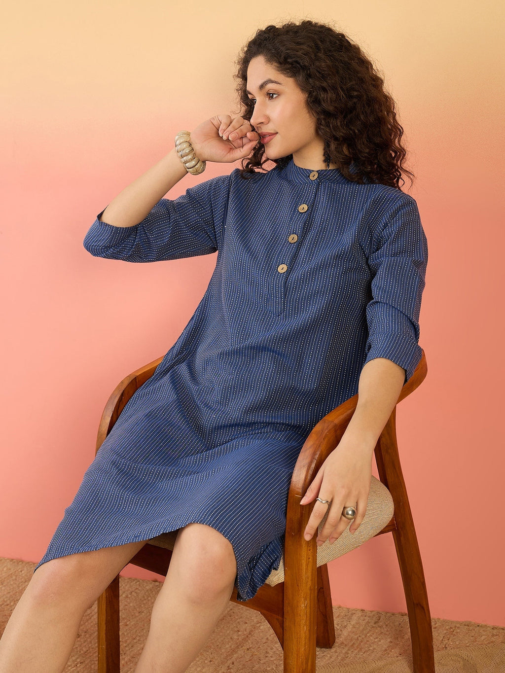 InWeave Blue Kantha Mandarin Button Dress | Grocsy