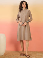 InWeave Light Brown Kantha Mandarin Button Dress | Grocsy