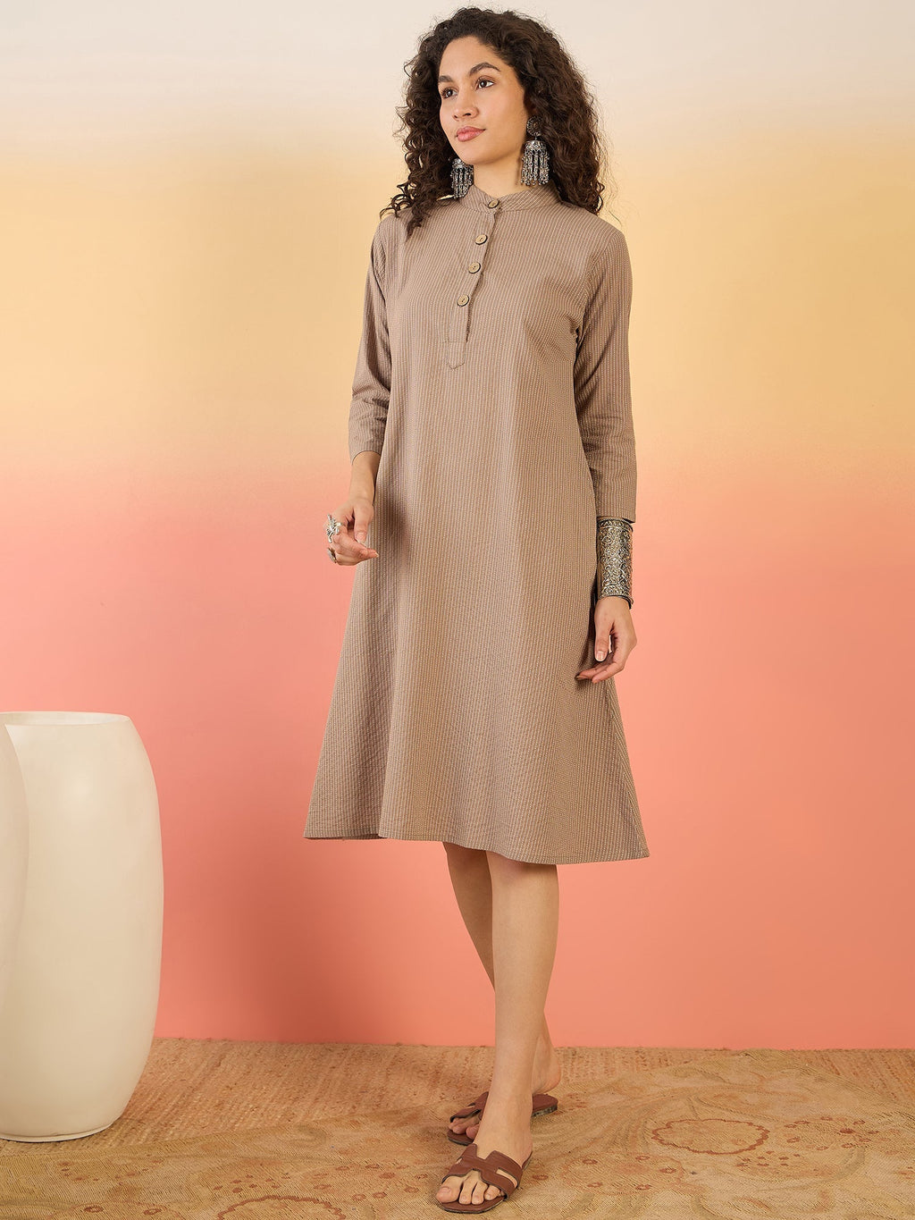 InWeave Light Brown Kantha Mandarin Button Dress | Grocsy